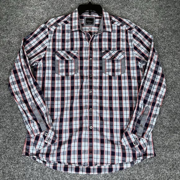 7 Diamonds Shirt Men Large Blue Plaid Long Sleeve Button Up Casual Pockets Adult - Picture 1 of 7